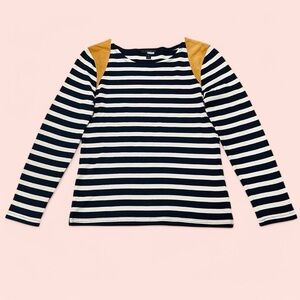 J. Crew Striped Long Sleeve Leather Capped Shoulders Top Size Small